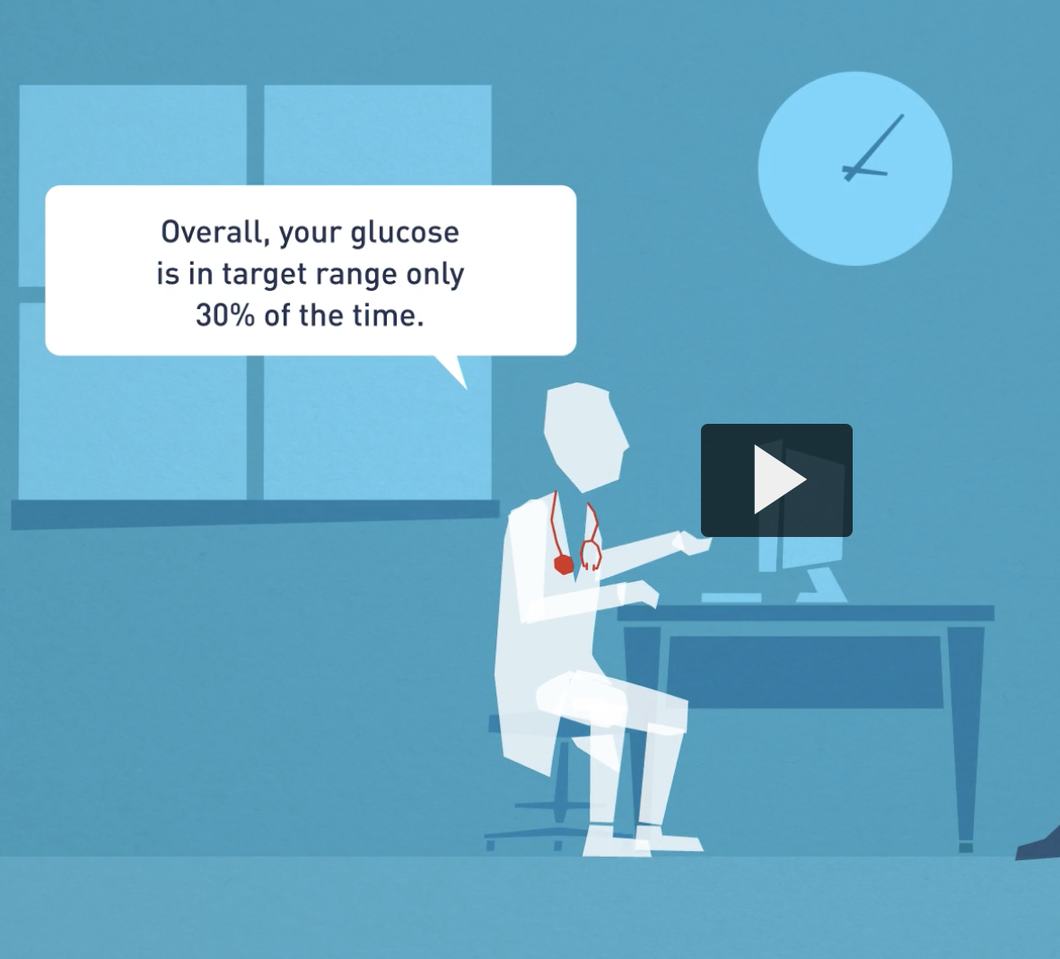Screenshot of a clip in video—cartoon dr talking to elderly diabetes patient about their time in range