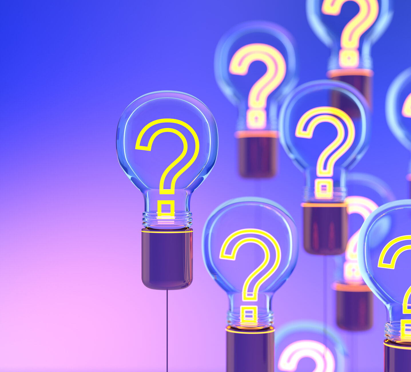 question marks in light bulbs on purple background.