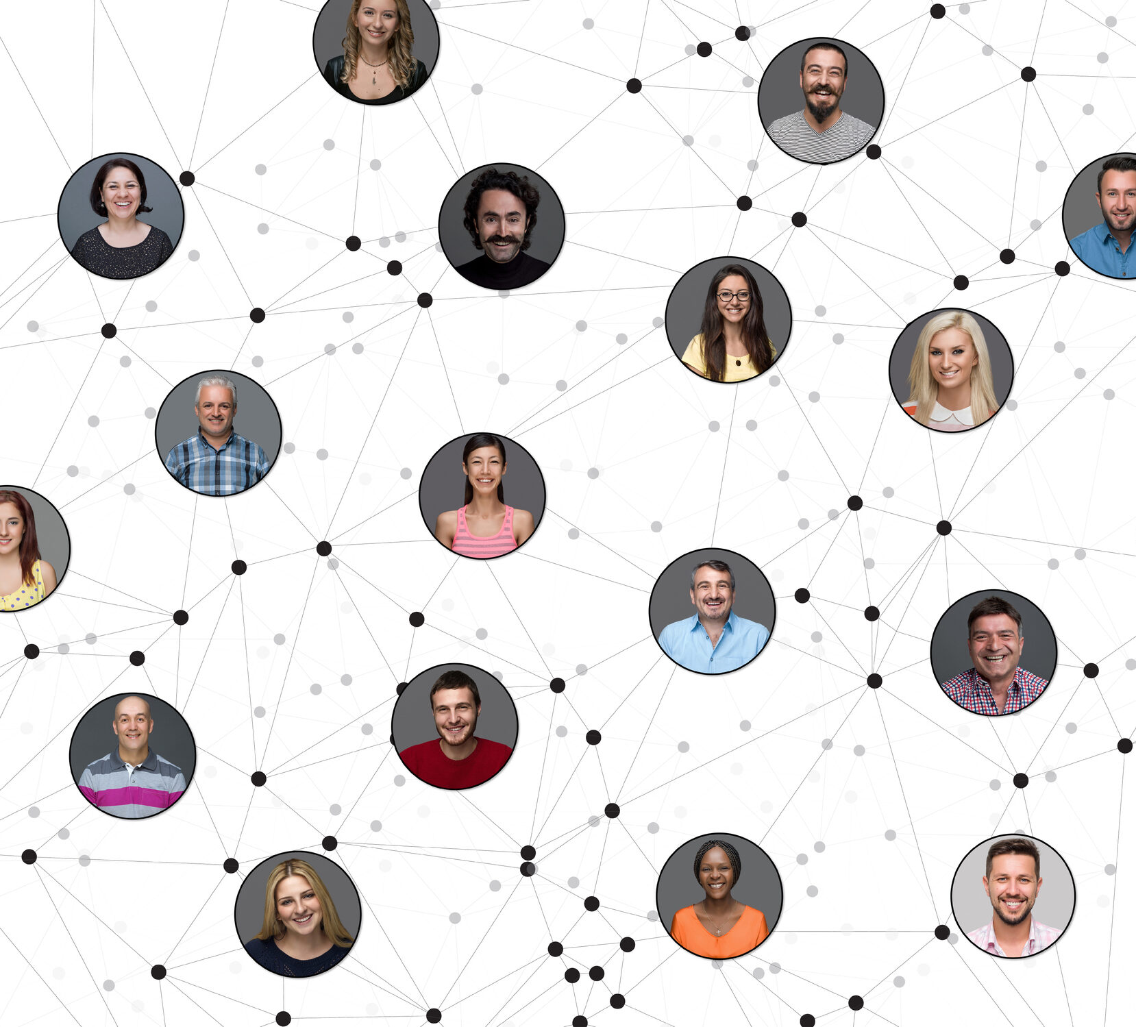 Networking portraits connected by lines, digitally generated image